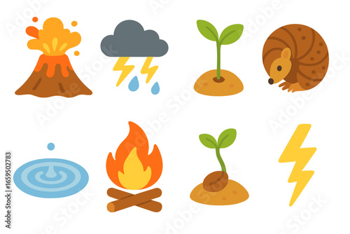 Nature's Cycles Icons. Flat vector mini-illustrations reaction in nature in colors children's illustrations: volcanic eruption,