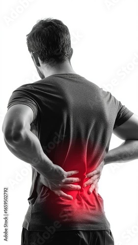 Vertical video Man Suffering from Lower Back Pain Highlighted in Red