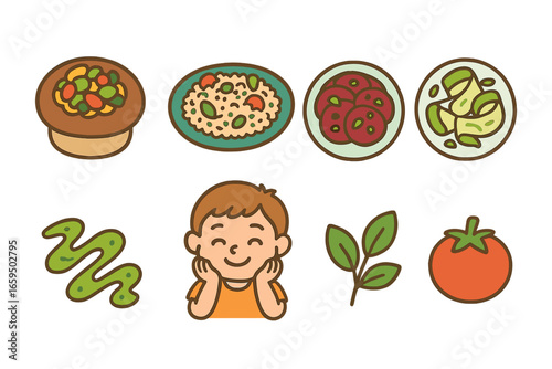 Vegetarian Kids' Dishes. Flat vector mini-illustrations vegetarian gourmet dishes in colors children's illustrations: stuffed