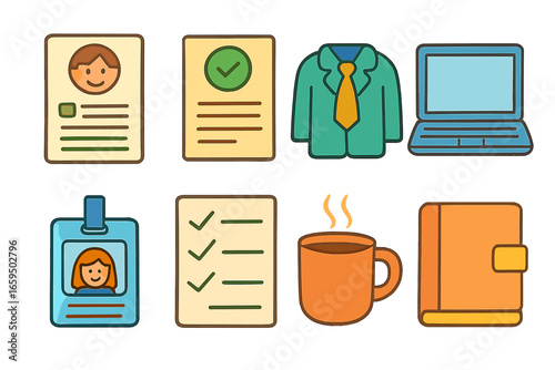 Children's Job Prep Icons. Flat vector mini-illustrations Preparing for a new job in colors children's