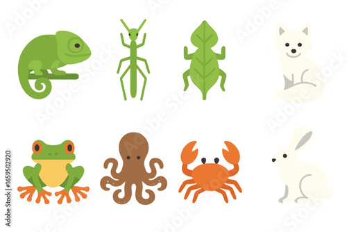 Colorful Animal Camouflage Icons. Flat vector mini-illustrations camouflage color change in colors children's illustrations: