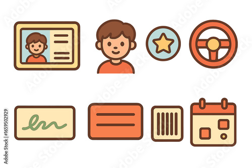 Children's Learner ID Design. Flat vector mini-illustrations learner’s permit design in colors children's