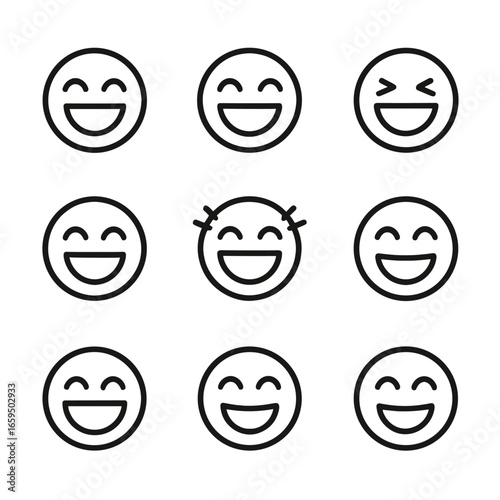 Laugh Emotion Icons. Outline icon set of laugh in emotions: happiness, joy, amusement, fun, delight, excitement, positivity,