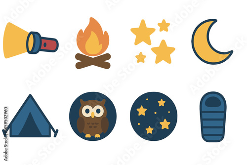 Nighttime Adventure Icons. Flat vector mini-illustrations nighttime activities in colors children's illustrations: flashlight,