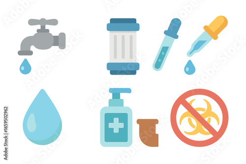 Water Safety Icons. Flat vector mini-illustrations Water sanitation in colors children's illustrations: water tap, filter