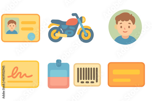 Children's License Mockup. Flat vector mini-illustrations motorcycle license mockup in colors children's