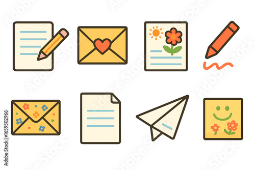 Children's Letter Icons. Flat vector mini-illustrations of letter writing in colors children's illustrations: