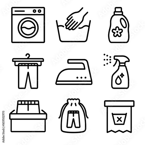 Laundry Care Icon Set. Outline icon set of sleep pants care: washing machine, hand wash, fabric softener, drying rack, ironing,