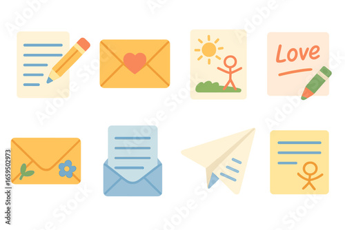 Children's Letter Icons. Flat vector mini-illustrations of letter writing in colors children's illustrations: