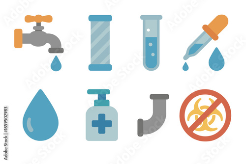 Water Safety Icons. Flat vector mini-illustrations Water sanitation in colors children's illustrations: water tap, filter