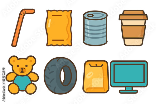 Non-Biodegradable Waste Icons. Flat vector mini-illustrations common non-biodegradable wastes in colors children's illustrations: