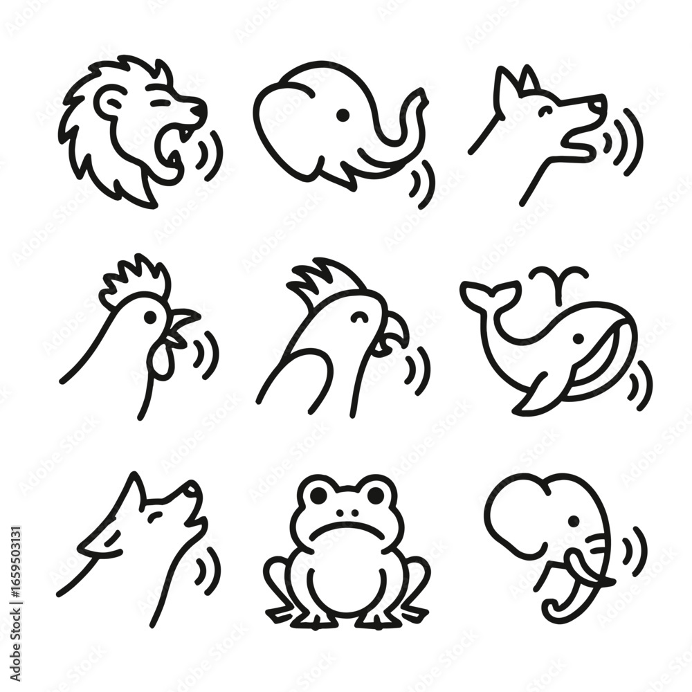 Obraz premium Loud Animal Icons. Outline icon set of loud animals: lion roar, elephant trumpet, dog barking, rooster crowing, bird squawking,