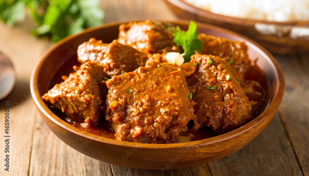 Delicious Beef Curry in a Wooden Bowl Delicious Beef Curry in a Wooden Bowl