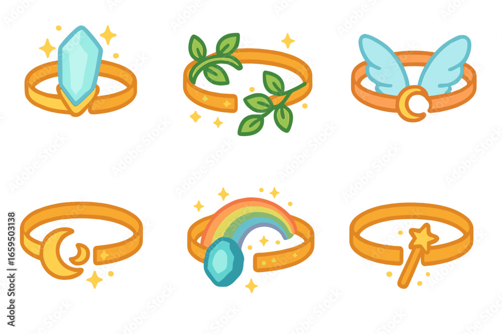Naklejka premium Magical Bracelet Collection. Flat vector mini-illustrations magical bracelets in colors children's illustrations: glowing crystal