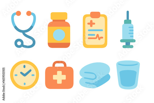 Children's Medical Icons. Flat vector mini-illustrations medical care relief in colors children's