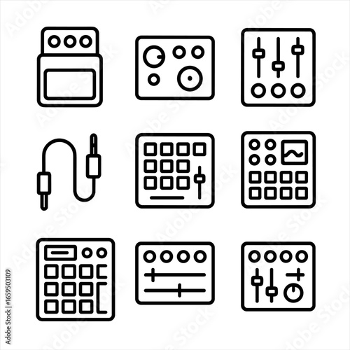 Loop Hardware Icons. Outline icon set of loop hardware: loop pedal, audio interface, mixer, footswitch, patch cable, MIDI