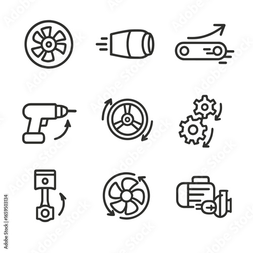 Machinery Acceleration Icons. Outline icon set of acceleration in machinery: spinning turbine, jet engine thrust, conveyor belt