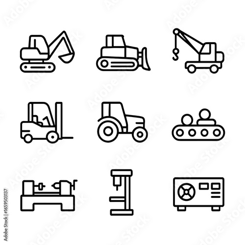 Machinery Icons Grid. Outline icon set of machinery types: excavator, bulldozer, crane, forklift, tractor, conveyor belt, lathe,