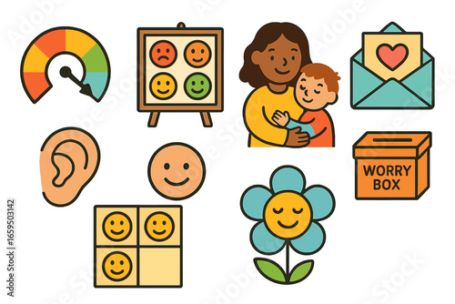 Children's Mental Health Icons. Flat vector mini-illustrations mental health check-ins in colors children's