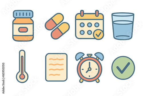 Children's Medication Icons. Flat vector mini-illustrations antibiotic course instructions in colors