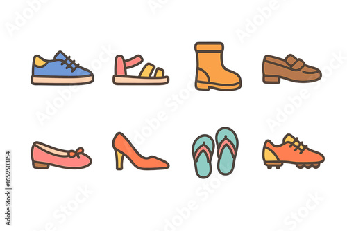 Colorful Children's Footwear Icons. Flat vector mini-illustrations fashion footwear in colors children's illustrations: sneakers,