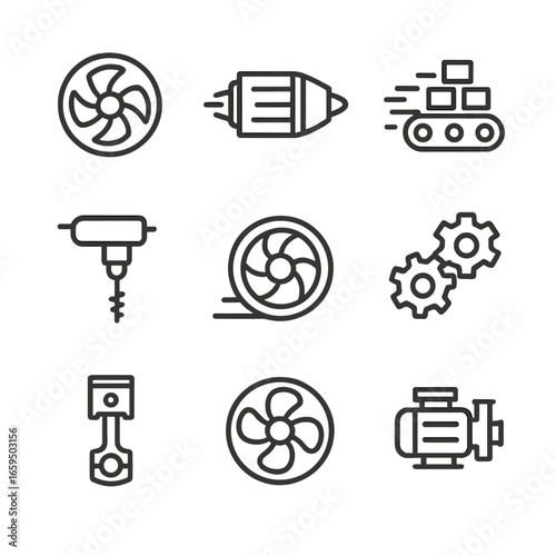 Machinery Acceleration Icons. Outline icon set of acceleration in machinery: spinning turbine, jet engine thrust, conveyor belt