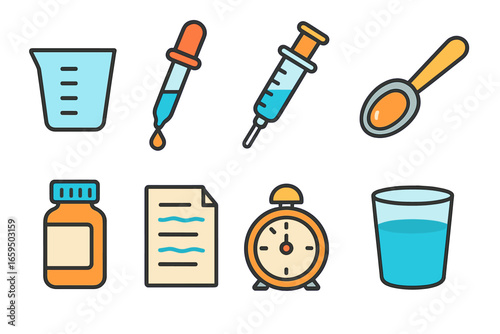 Children's Medicine Tools. Flat vector mini-illustrations liquid medicine dosing in colors children's