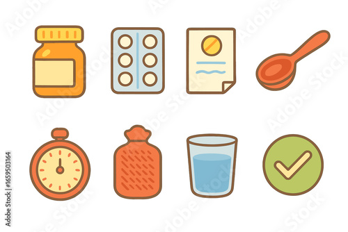 Children's Medicine Icons. Flat vector mini-illustrations pain relief medicine instructions in colors children