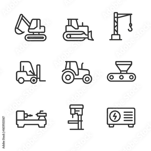 Machinery Icons Grid. Outline icon set of machinery types: excavator, bulldozer, crane, forklift, tractor, conveyor belt, lathe,