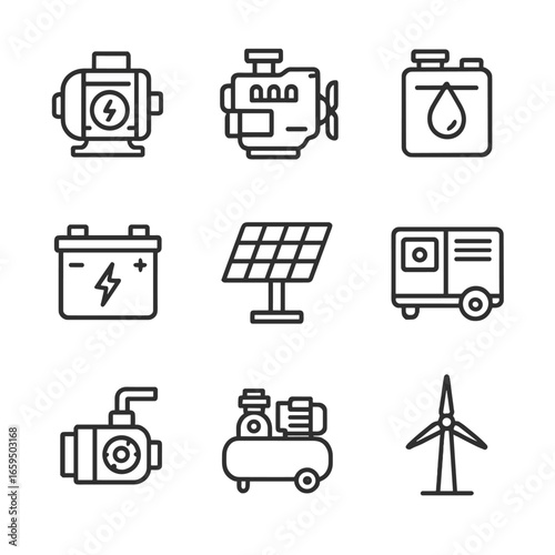 Machinery Energy Icons. Outline icon set of machinery energy sources: electric motor, diesel engine, fuel tank, battery, solar