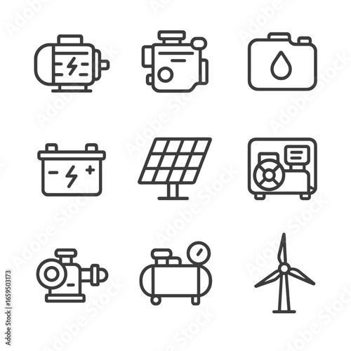 Machinery Energy Icons. Outline icon set of machinery energy sources: electric motor, diesel engine, fuel tank, battery, solar
