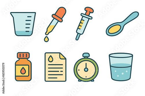 Children's Medicine Tools. Flat vector mini-illustrations liquid medicine dosing in colors children's