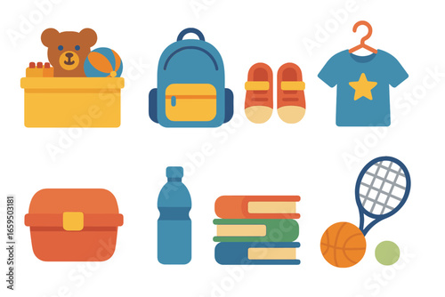 Organized Kids' Essentials. Flat vector mini-illustrations clean kids’ belongings in colors children's illustrations: toy box,