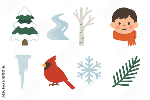 Winter Forest Icons. Flat vector mini-illustrations winter forest hush in colors children's illustrations: snow topped pine,
