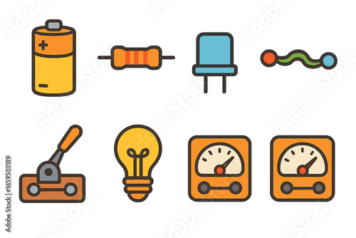 Colorful Circuit Components. Flat vector mini-illustrations electrical circuits in colors children's illustrations: battery,