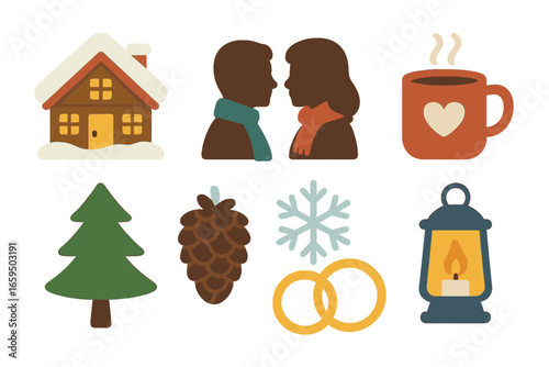 Winter Chalet Icons. Flat vector mini-illustrations winter chalet elopement in colors children's illustrations: snow capped chalet