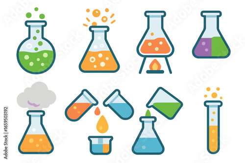 Colorful Chemistry Reactions. Flat vector mini-illustrations liquid reactions in colors children's illustrations: bubbling beaker,