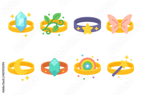 Magical Bracelet Collection. Flat vector mini-illustrations magical bracelets in colors children's illustrations: glowing crystal