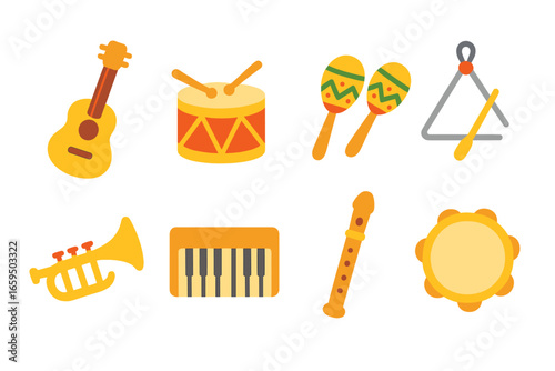 Children's Music Icons. Flat vector mini-illustrations music time in colors children's illustrations: guitar,