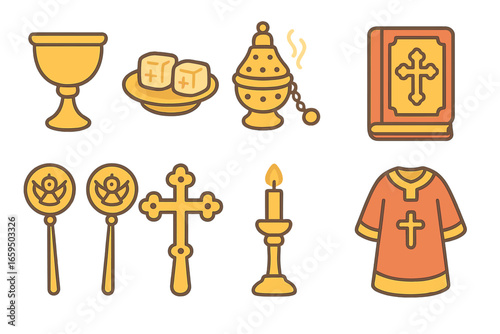 Orthodox Liturgical Icons. Flat vector mini-illustrations orthodox liturgical items in colors children's illustrations: chalice,