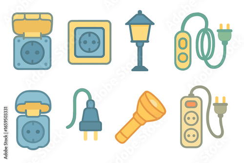 Outdoor Power Icons. Flat vector mini-illustrations outdoor sockets in colors children's illustrations: weatherproof socket, power