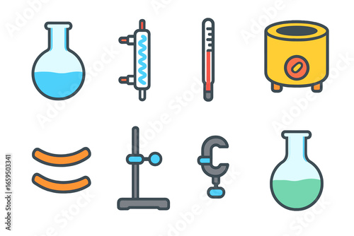 Colorful Distillation Equipment. Flat vector mini-illustrations distillation equipment in colors children's illustrations: