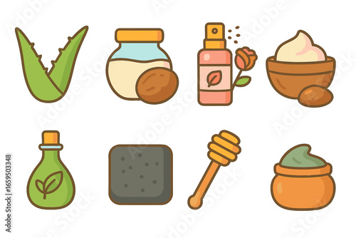 Children's Natural Beauty Icons. Flat vector mini-illustrations natural beauty products in colors children's