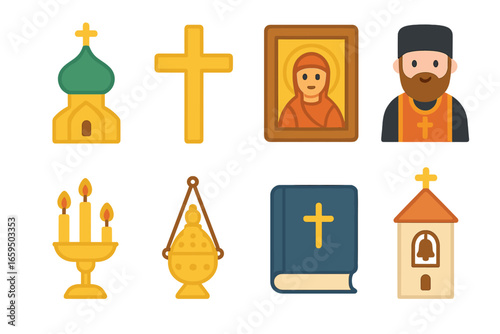 Orthodox Icon Set. Flat vector mini-illustrations orthodoxy in colors children's illustrations: onion dome church, cross, icon