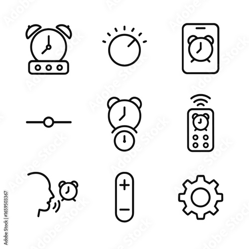 Alarm Clock Icons. Outline icon set of alarm clock controls: buttons, knobs, touchscreen, slider, dial, remote control, voice