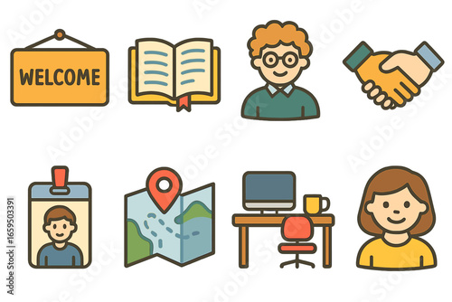 Children's Onboarding Icons. Flat vector mini-illustrations Onboarding program in colors children's