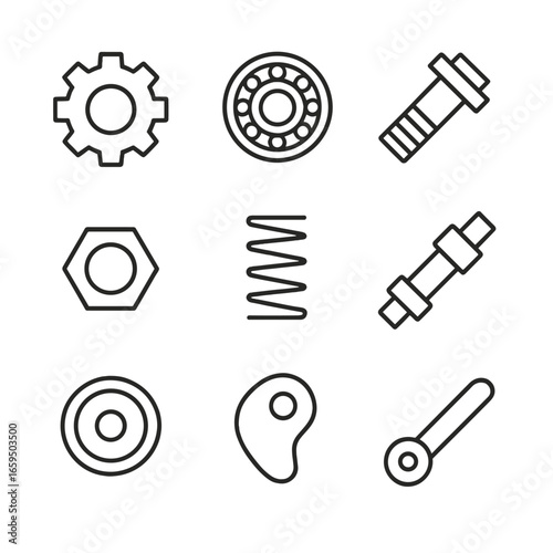 Mechanical Icons Grid. Outline icon set of mechanical components: gear, bearing, bolt, nut, spring, shaft, pulley, cam, lever.