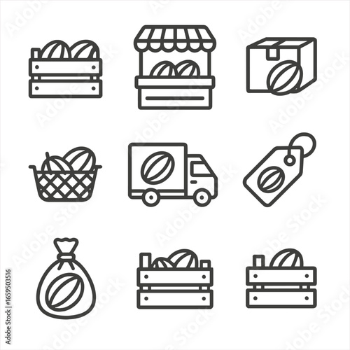 Melon Packaging Icons. Outline icon set of melon packaging and market: fruit crate, market stall, packaging box, label, basket,