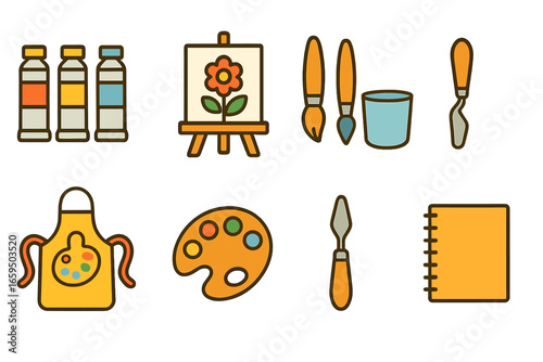 Children's Painting Class Tools. Flat vector mini-illustrations acrylic painting class in colors children's