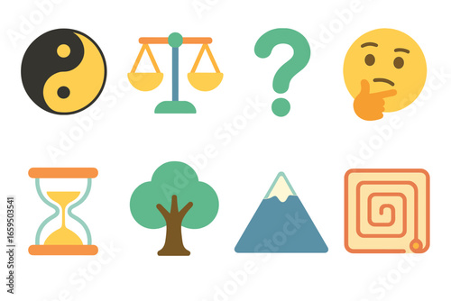 Philosophical Icons Grid. Flat vector mini-illustrations Philosophical concepts in colors children's illustrations: yin-yang,